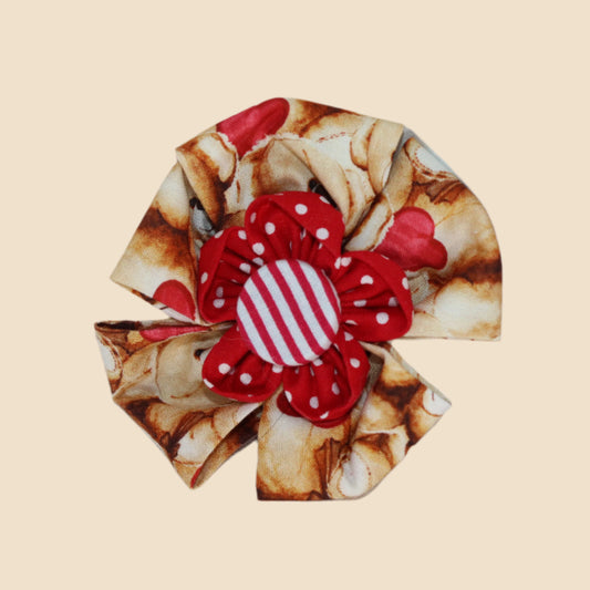 Teddy Time Hair Clip – Cream Bear Print with Red Polka Dot Petals and Striped Center