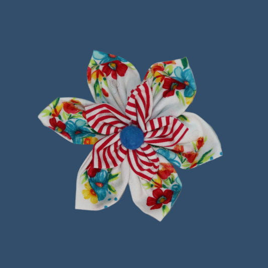 Fiesta Petals Hair Clip – Red Stripe & Floral Layers with Blue Button Center