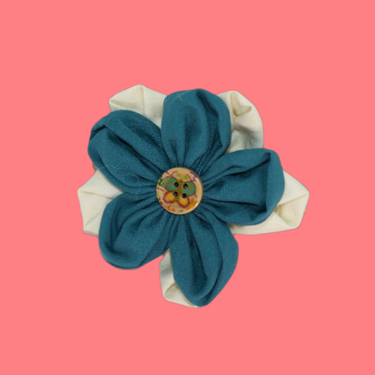 Teal Petal Clip with Butterfly Button – Cream & Blue Layered Fabric Flower
