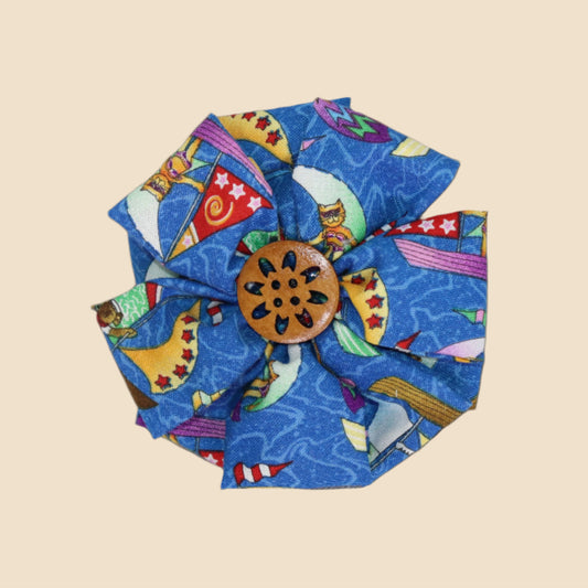 Boardwalk Breeze Flower Clip – Blue Carnival Print with Wooden Button Center