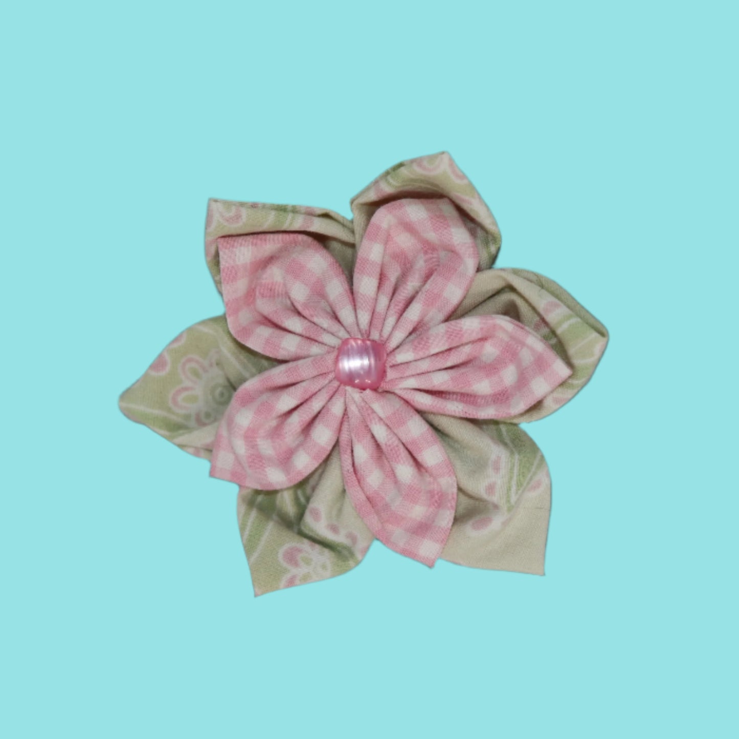 Spring Picnic Blossom Clip – Pink Gingham & Green Floral with Pearl Center