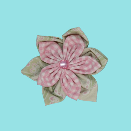 Spring Picnic Blossom Clip – Pink Gingham & Green Floral with Pearl Center