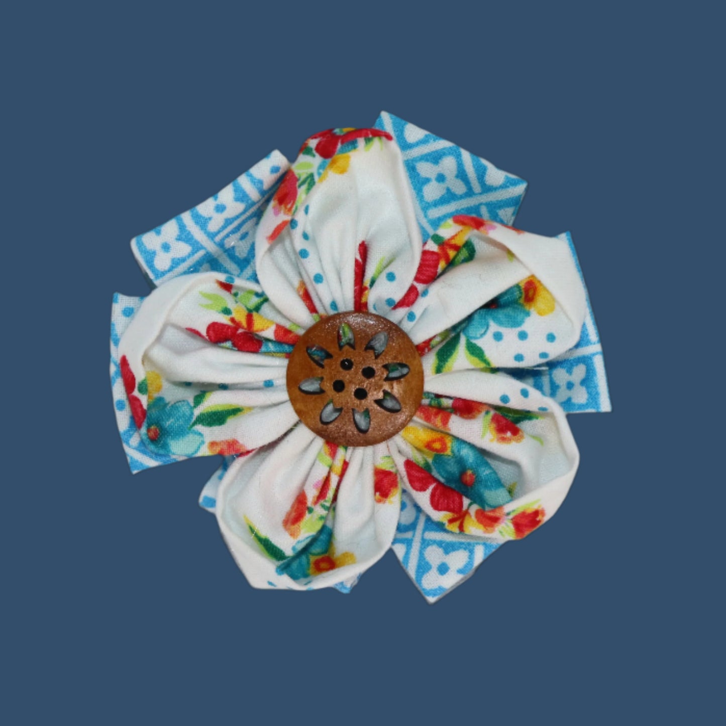 Garden Tile Bloom Clip – Floral & Blue Pattern Petals with Wooden Center