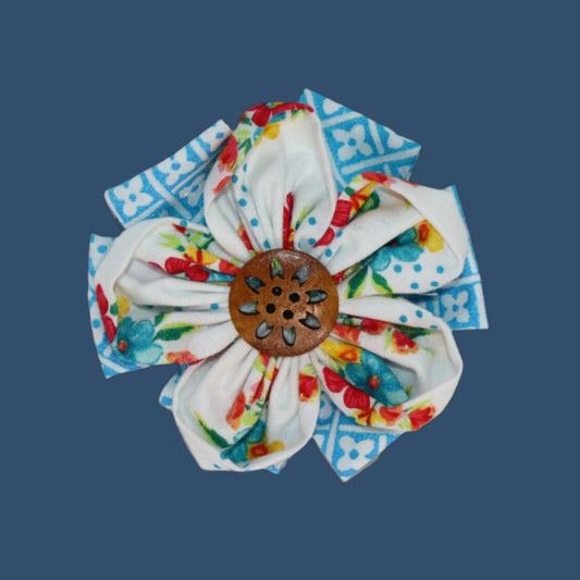 Garden Tile Bloom Clip – Floral & Blue Pattern Petals with Wooden Center