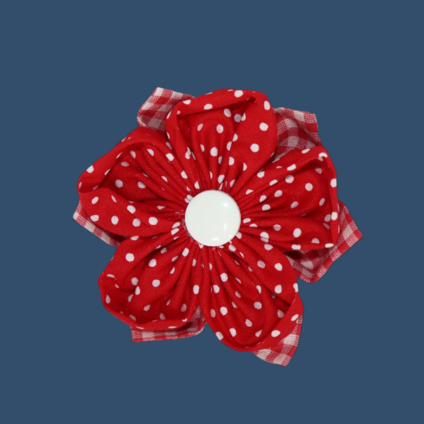 Picnic Flower Clip – Red Polka Dot & Plaid with White Button Center