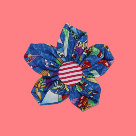 Carnival Pop Fabric Flower Clip – Blue Print Petals & Striped Center