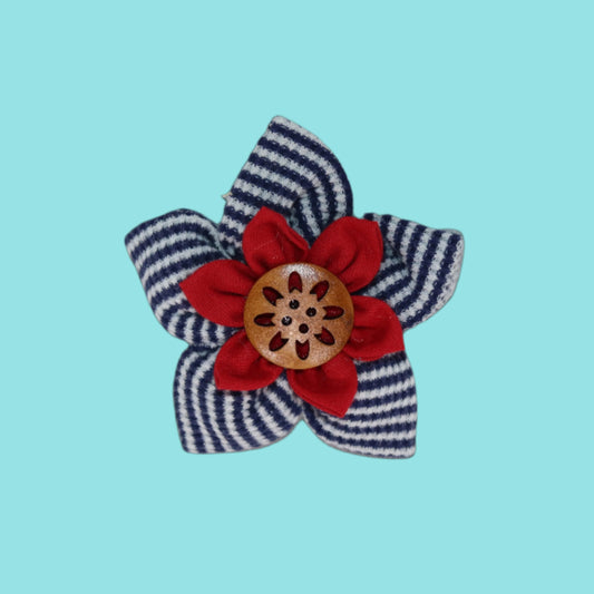 Handmade Fabric Flower Hair Clip with Wooden Button Center – Navy Stripes & Bright Red Petals