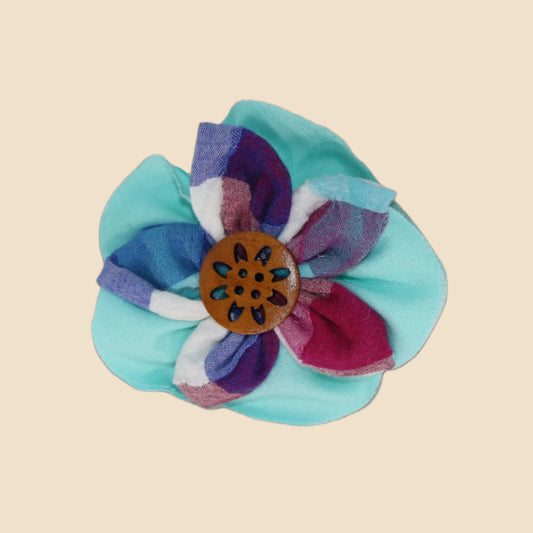 Handmade Fabric Flower Hair Clip with Wooden Button Center – Aqua & Watercolor Petals
