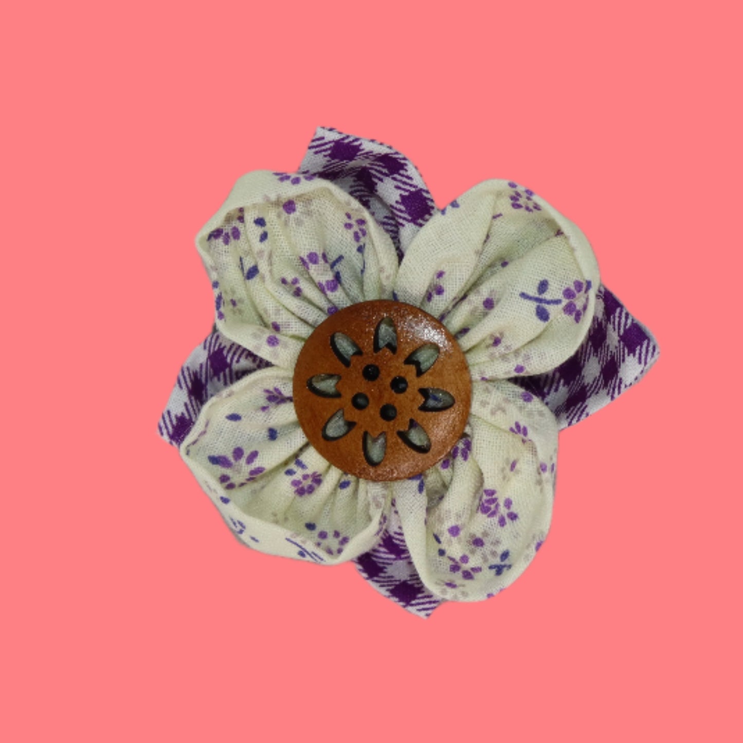 Lavender Garden Clip – Cream Floral Petals with Purple Plaid and Wooden Center