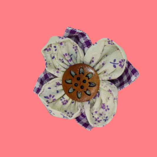 Lavender Garden Clip – Cream Floral Petals with Purple Plaid and Wooden Center