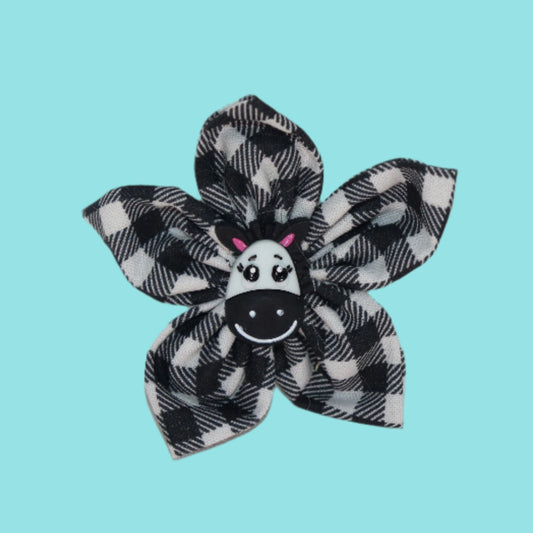 Barnyard Buddy Clip – Black & White Plaid with Cow Center