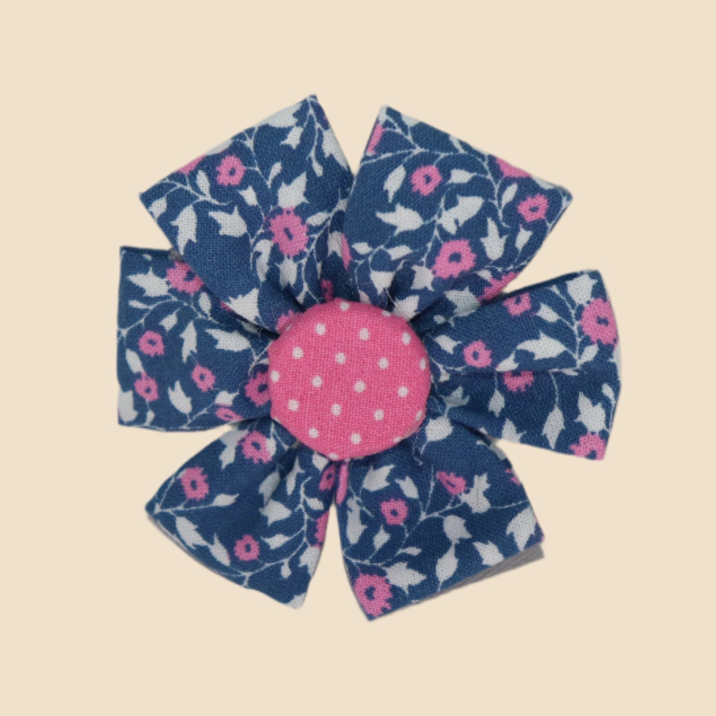 Navy Posy Clip – Mini Floral Petals with Pink Polka Dot Center
