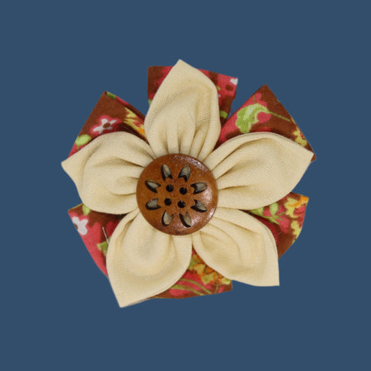 Autumn Garden Clip – Cream Petals with Woodcut Button Center