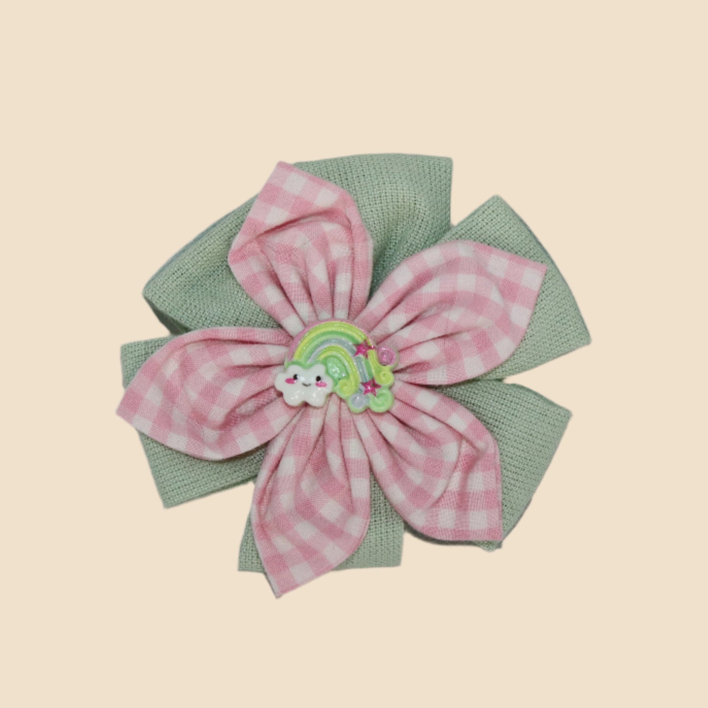 Rainbow Wishes Clip – Pink Plaid with Mint Green Petals and Cloudy Charm