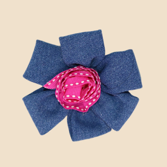 Denim Bloom Clip with Polka Dot Ribbon Rose
